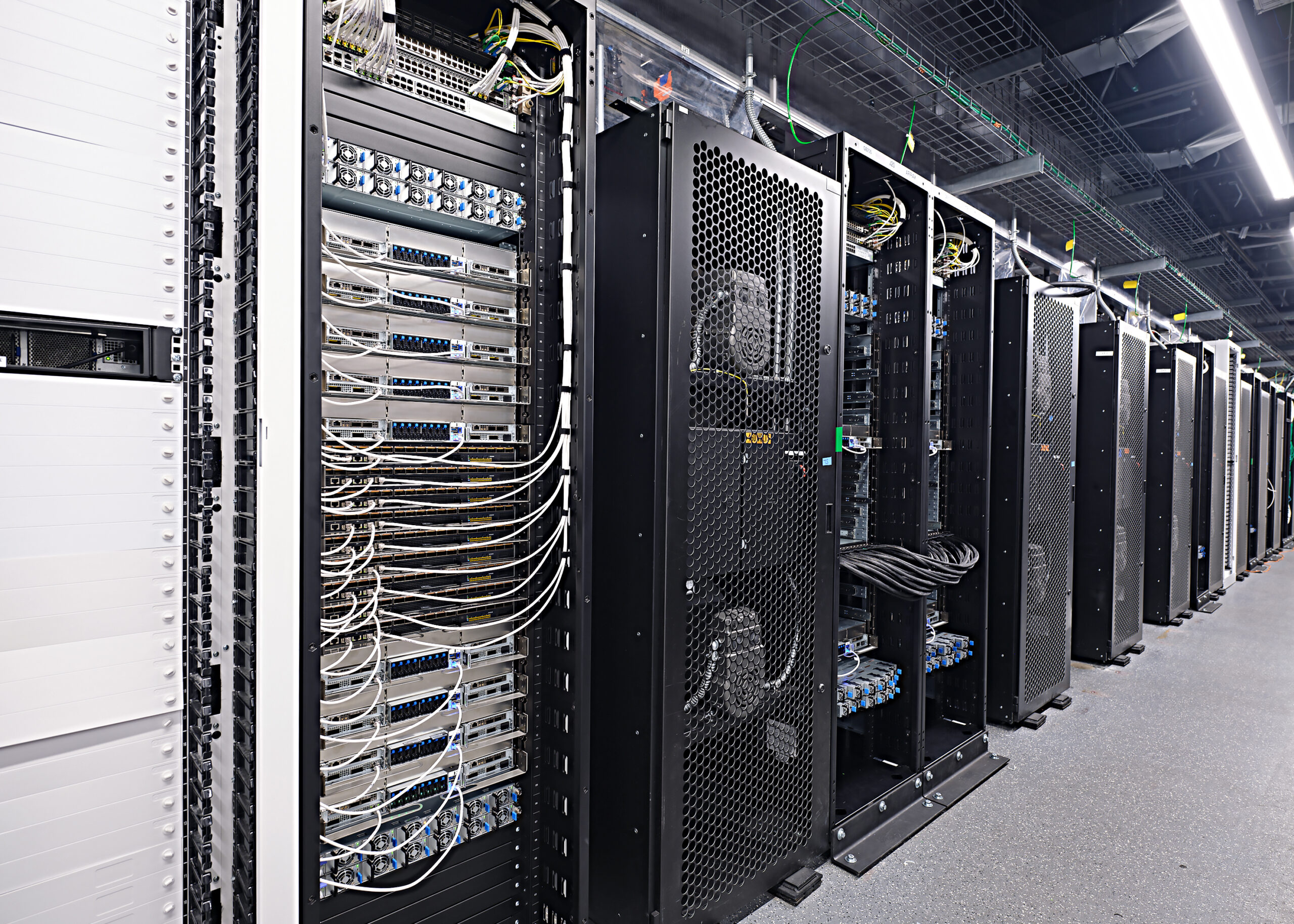 GB200 GPU server rack infrastructure inside an independent cloud data center — the physical compute layer behind frontier AI model training