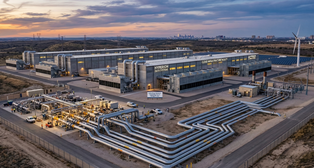 Gas-fired power generation data center with pipeline infrastructure — the energy cost model Crusoe Energy uses to compete in AI compute